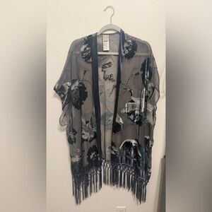 Chicos Crane Burnout  Blue/Gray Velvet Kimono  Open Front Tassel & Fringe  L/XL